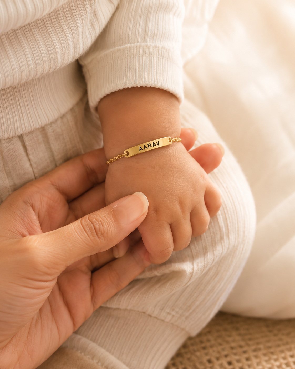 Baby wearing personalized bracelet